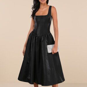 Lulus Sensationally Impressive Black Shiny Taffeta Lace-up Midi Dress - Size L